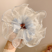 雾尽湖冰 蓝色网纱珍珠大肠发圈女高级感温柔发绳扎头发超大头饰