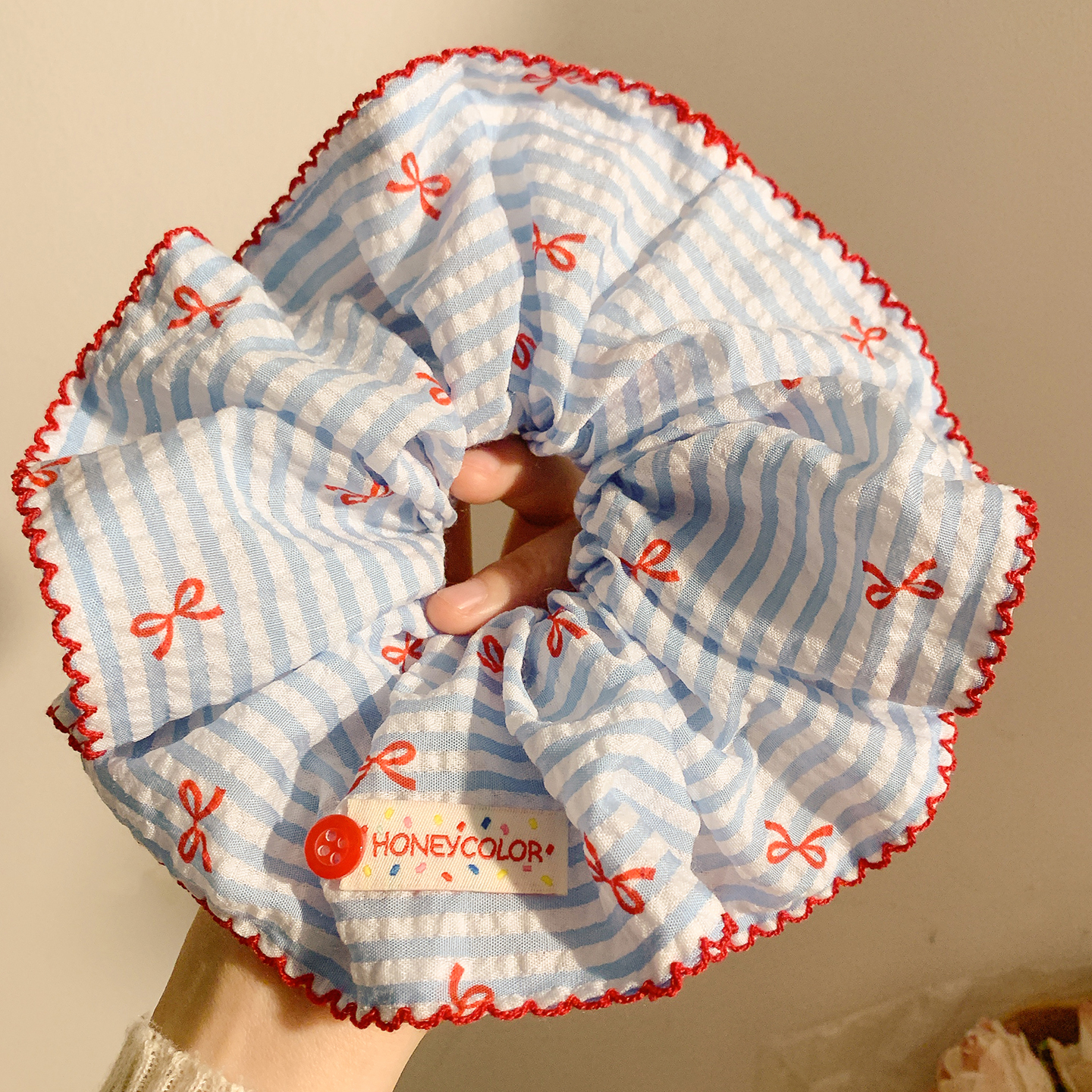 韩系蝴蝶结蓝色条纹大肠发圈