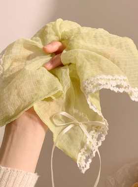 聆春愿~绿色蝴蝶结方巾大肠发圈女慵懒风发绳扎头发大号方形头饰