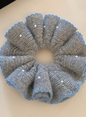 灰色珍珠毛线针织双层大肠发圈女高级感气质丸子头扎头发头绳发饰