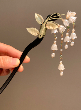 幽谷铃兰新中式花朵流苏发簪女清冷高级感步摇古风仙气盘发木簪子