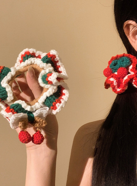 圣诞颂歌~红色樱桃针织毛线大肠发圈女高级感低马尾发饰头绳秋冬