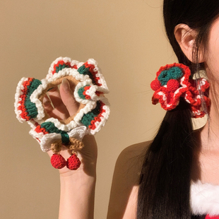 圣诞颂歌~红色樱桃针织毛线大肠发圈女高级感低马尾发饰头绳秋冬