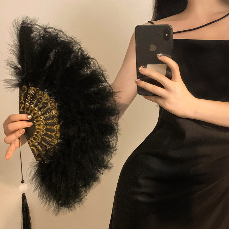 超仙新中式羽毛扇烫金暗黑风折扇便携扇子黑色国风复古洛丽塔拍照