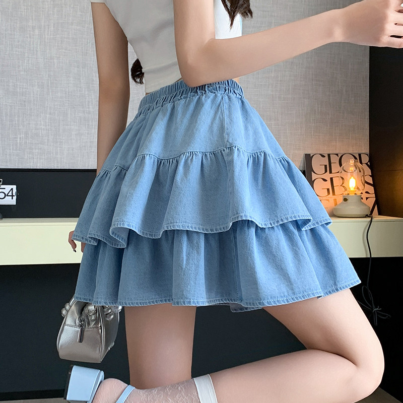 浅蓝色天丝牛仔半身裙女夏松紧腰蓬蓬A字裙裤小个子百褶蛋糕短裙