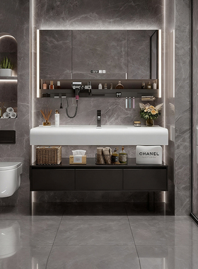 陶谷 现代轻奢浴室柜组合可丽耐一体盆卫生间洗漱台洗脸盆20023黑