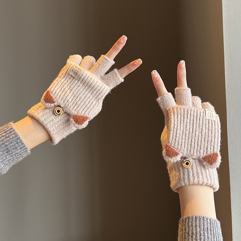 富柜毛线翻盖手套女冬季学生可爱加厚保暖半指触屏秋冬天骑车防寒