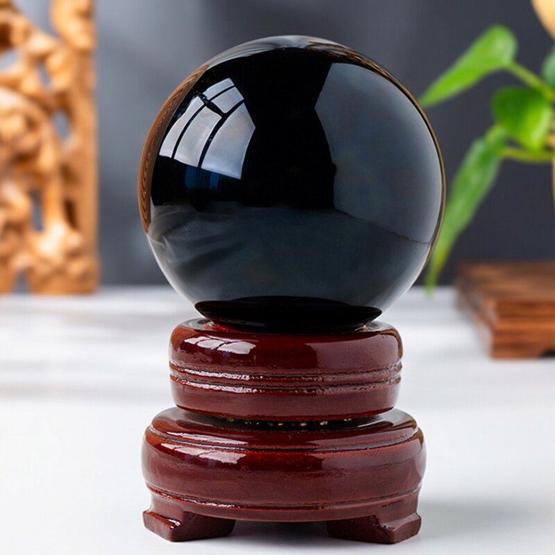 黑曜石水晶球摆件原石打磨黑曜石七星阵能量石风水球能量摆件