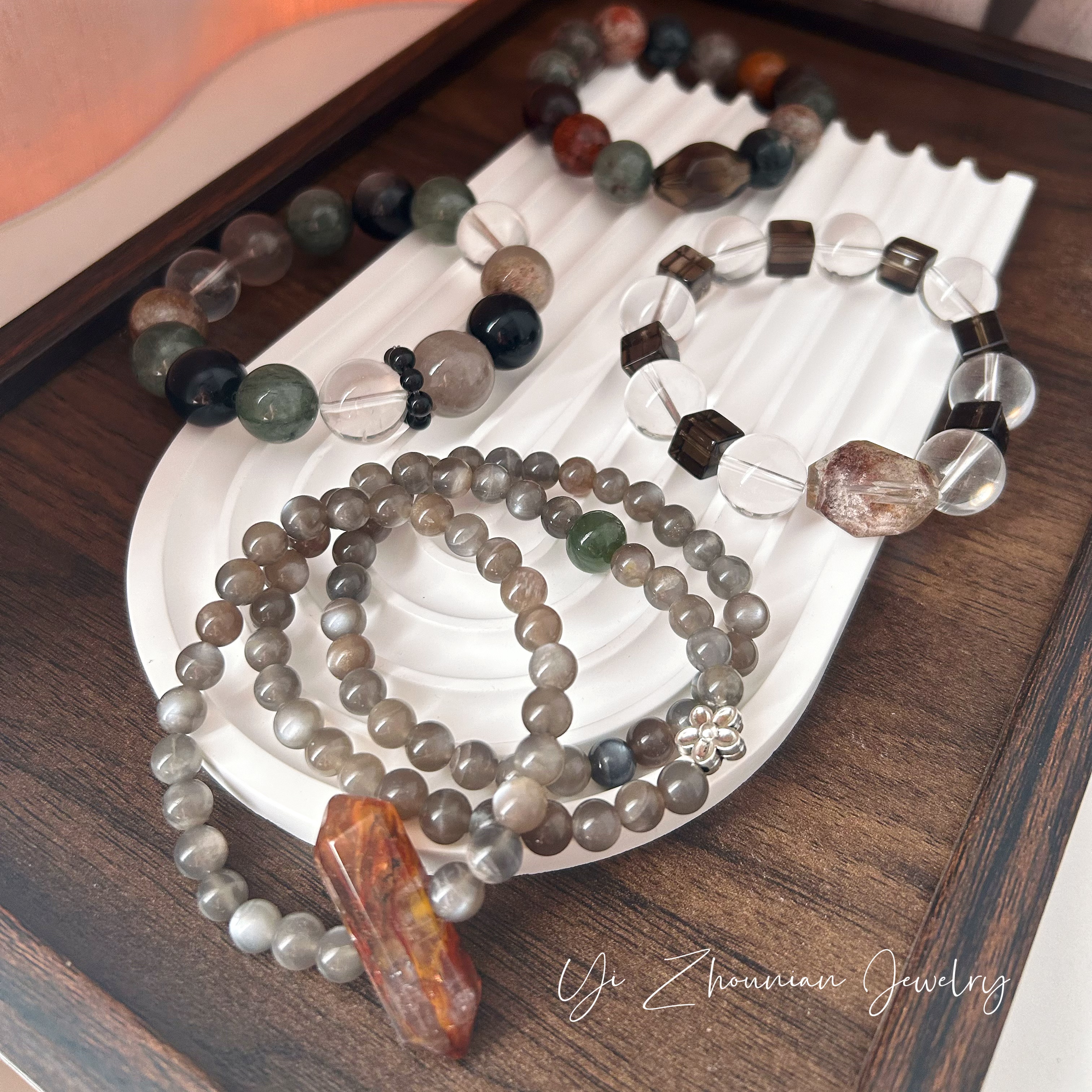 天然水晶骨干发晶兔毛彩幽灵白水晶茶晶多宝手串女生百搭日常复古