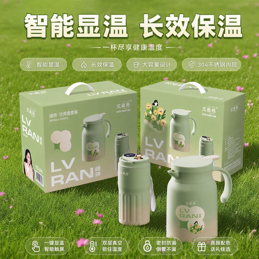 智能显温壶套装大容量绿然咖啡杯壶两件套316不锈钢焖茶壶