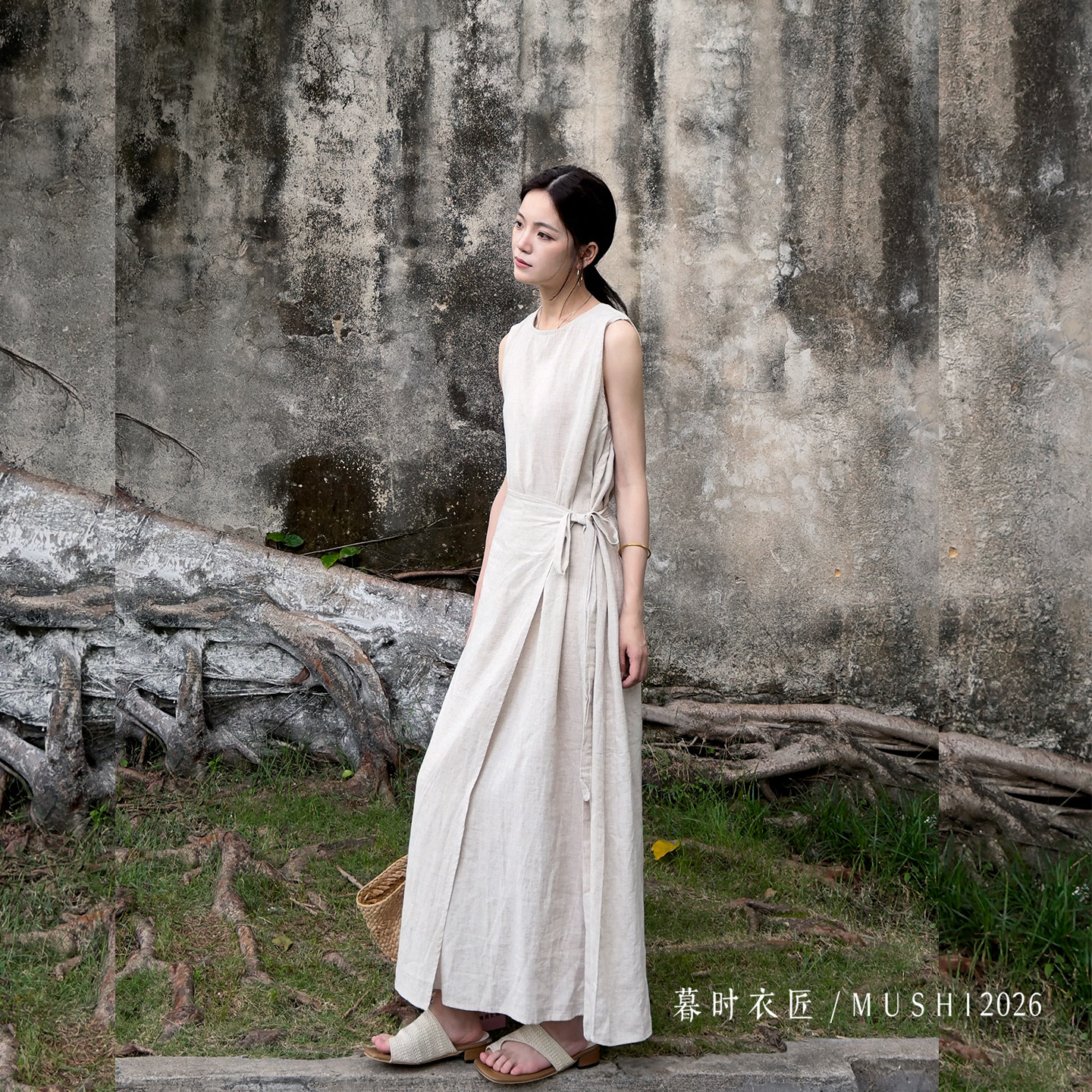 暮时衣匠【疏雨】法式麻感设计收腰绑带无袖连衣裙2026夏