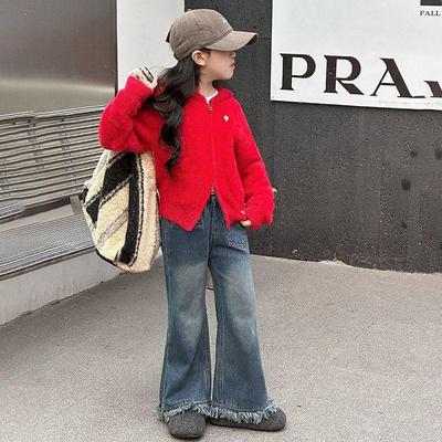 女童仿水貂绒连帽开衫毛衣