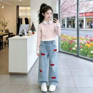 女童春季套装2026新款洋气时髦休闲打底衫字母刺绣牛仔裤两件套潮