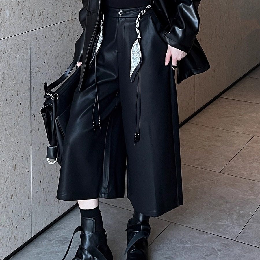 秋冬高级感七分深黑咖色阔腿直筒裤时髦蛋白软皮显瘦百搭酷飒皮裤,女装/女士精品,皮裤,淘宝优惠券,粉丝福利购,淘宝优惠卷