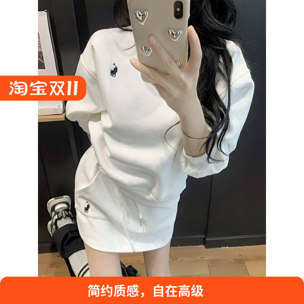 春秋休闲运动长袖短裙套装女宽松慵懒卫衣两件套老钱风套装