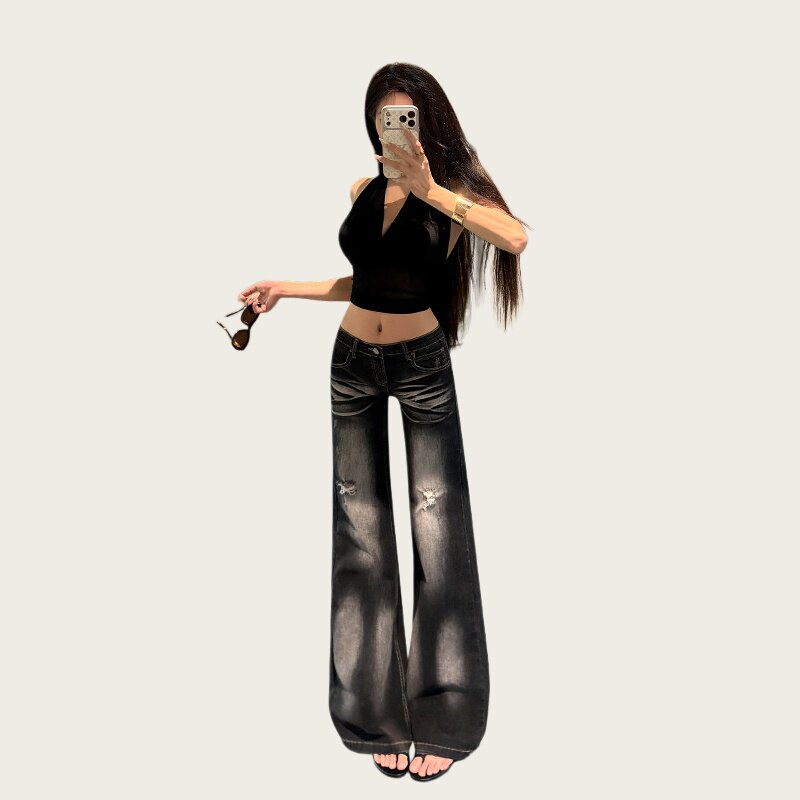 设计感压皱低腰微喇叭牛仔裤女2026秋季新款不贴腿宽松显瘦拖地裤