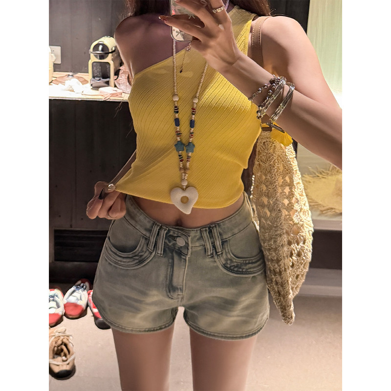 郑小亮水洗做旧高腰牛仔短裤女2026夏季薄款修身显瘦a字包臀热裤