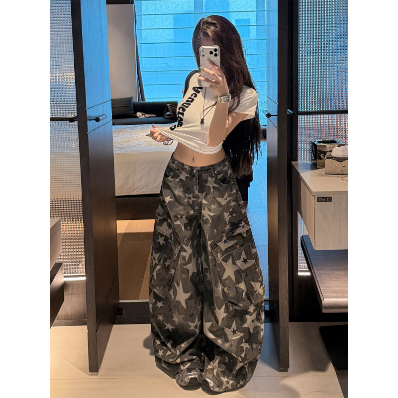 郑小亮千禧五角星迷彩工装阔腿牛仔裤女低腰宽松梨形身材拖地裤潮