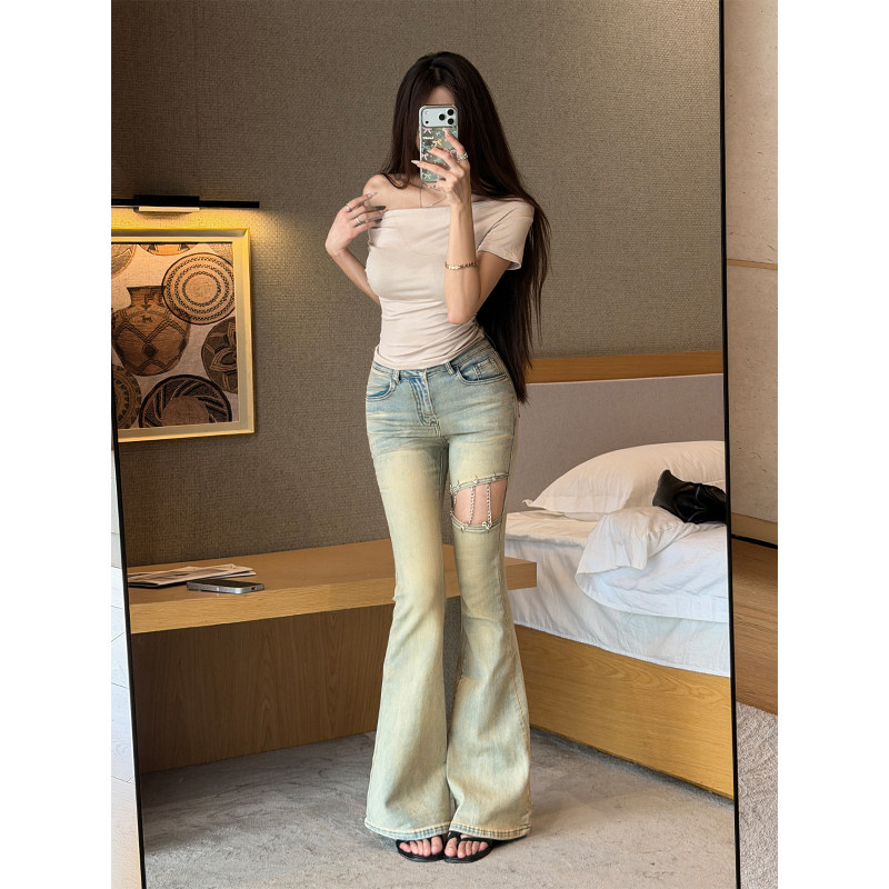 郑小亮破洞微喇叭牛仔裤女2026秋季新款修身显瘦高腰百搭马蹄裤潮