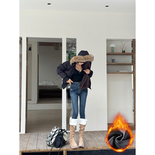 蓝色高腰紧身小脚牛仔裤女2025年秋冬新款修身显瘦弹力铅笔裤加绒