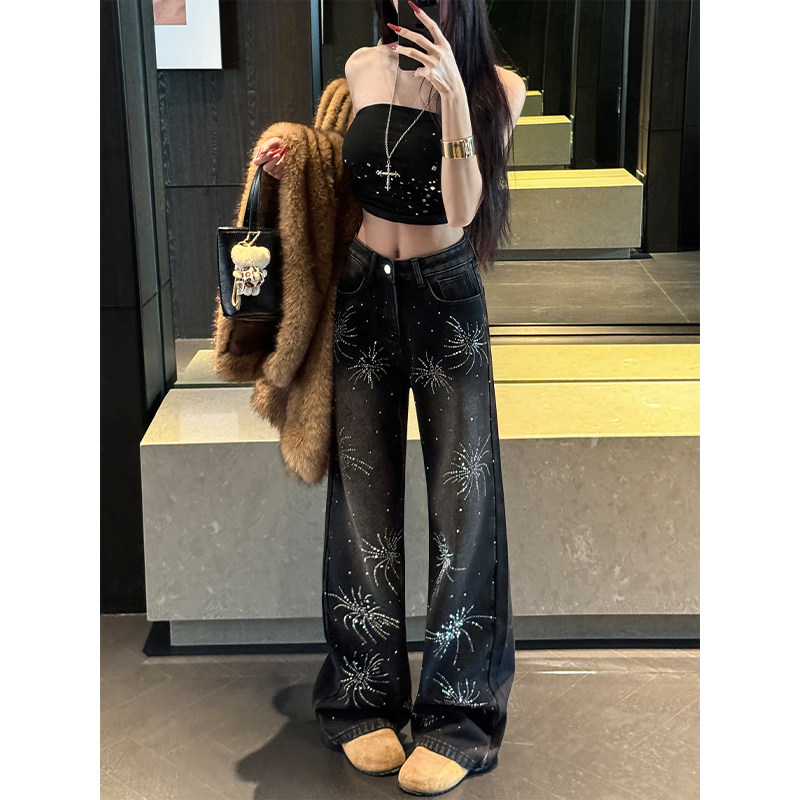 黑色烫钻烟花阔腿牛仔裤女高腰休闲2026秋季新款宽松直筒拖地裤潮
