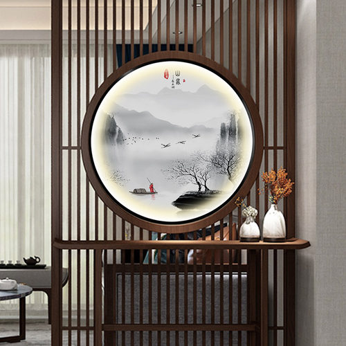 新中式屏风隔断双面画 画入户玄关发光装饰画 画轻奢圆形led带灯