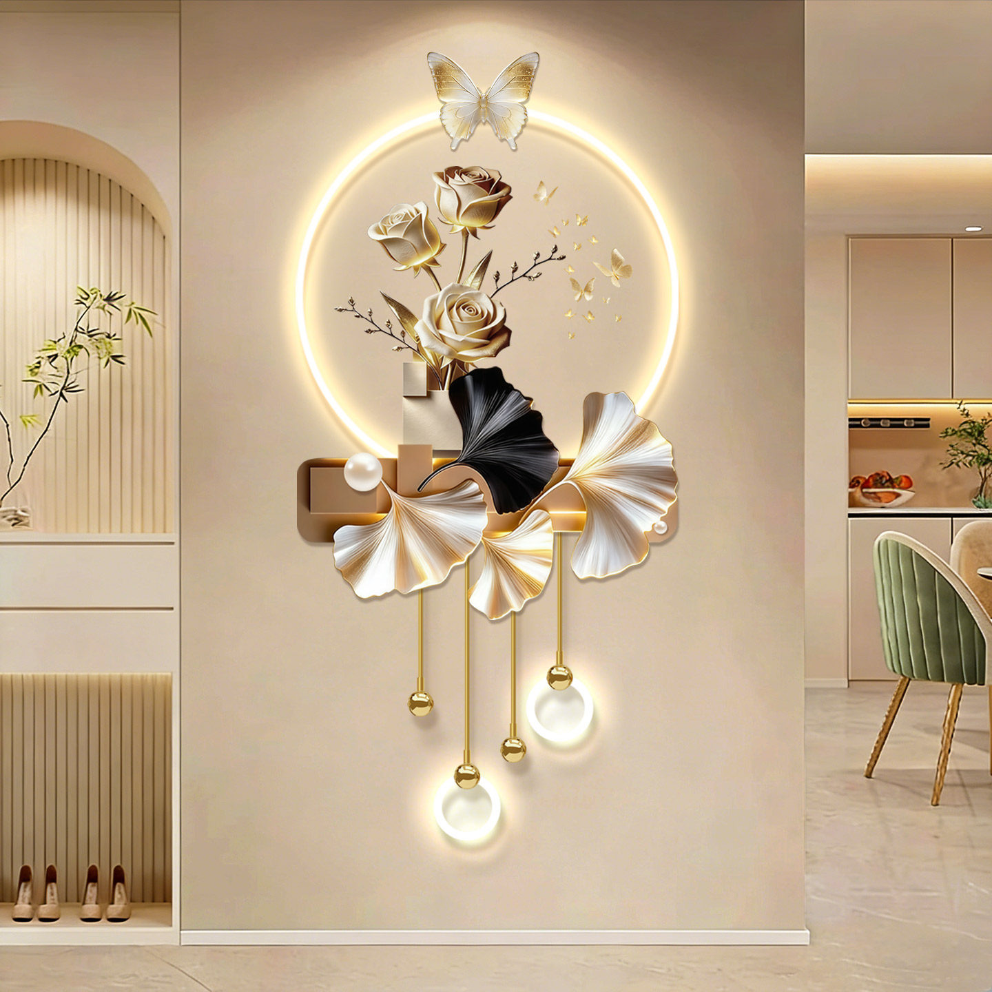 奶油风蝴蝶玄关装饰画正对门花卉带灯光壁画轻奢走廊尽头过道挂画