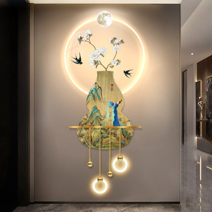 中古风千里江山图发光玄关装饰画LED带灯挂画新中式入户走廊壁画