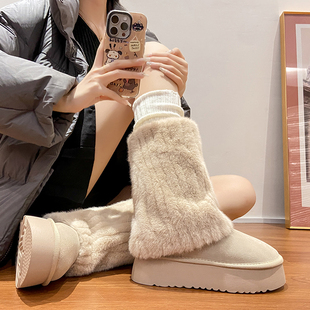 管靴棉鞋 内增高12CM厚底毛毛短靴保暖裤 2025新款 中筒雪地靴女冬季