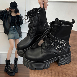 复古英伦风马丁靴女款 厚底粗跟增高短靴黑色中筒靴子 2025秋季 新款