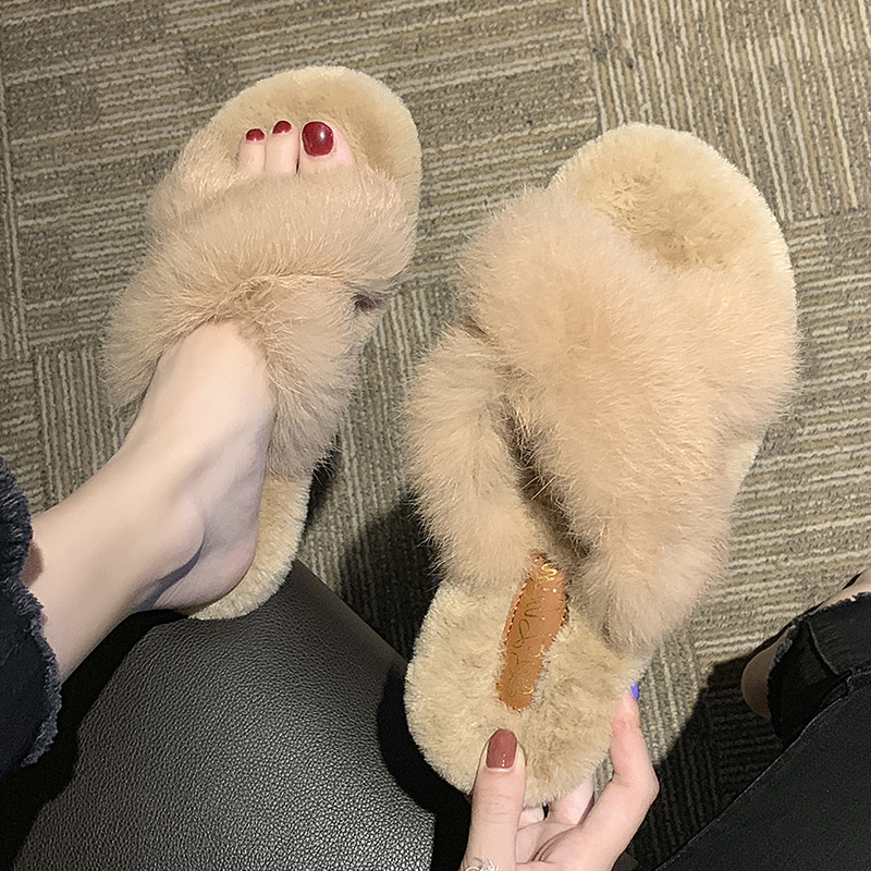 交叉秋季新款学生chic毛毛拖鞋