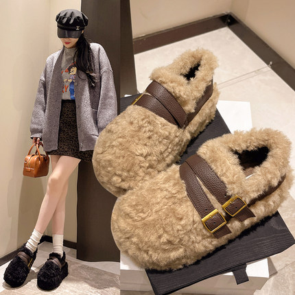 7CM秋冬新款双皮带扣设计时尚百搭加绒加厚外穿女毛毛休闲鞋