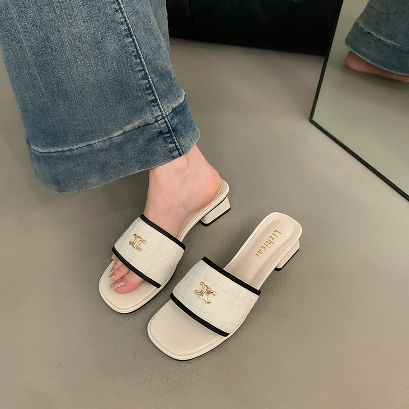 法式小香风粗跟一字拖鞋女夏季外穿2025新款百搭气质时尚凉拖鞋子