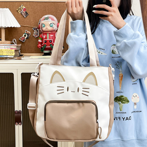 可爱猫咪布包女学生上课大容量单肩斜挎手提袋托特包书包袋补课袋