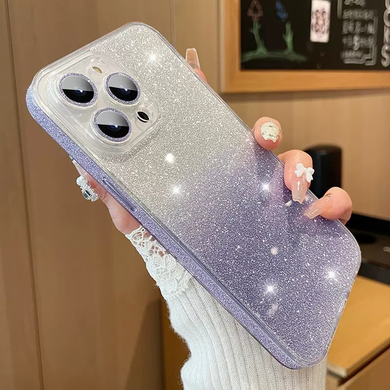 适用iPhone16星河渐变闪粉边框手机壳苹果15透明玻璃全包保护套13