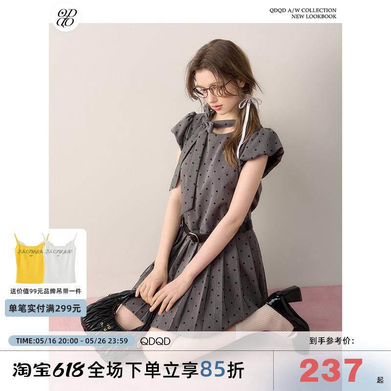小桃 富家千金风灰色波点连衣裙女夏季蝴蝶结设计感甜美收腰短裙