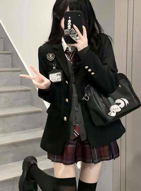 小桃 西装外套正版套装学院风黑色西装三件套女收腰春季jk