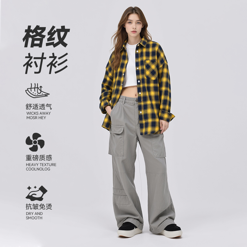 韩系慵懒风衬衫黄黑色格子上衣