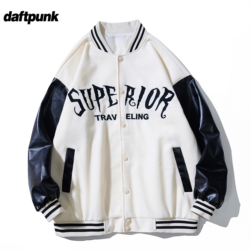 美式街头拼接PU皮棒球服刺绣夹克