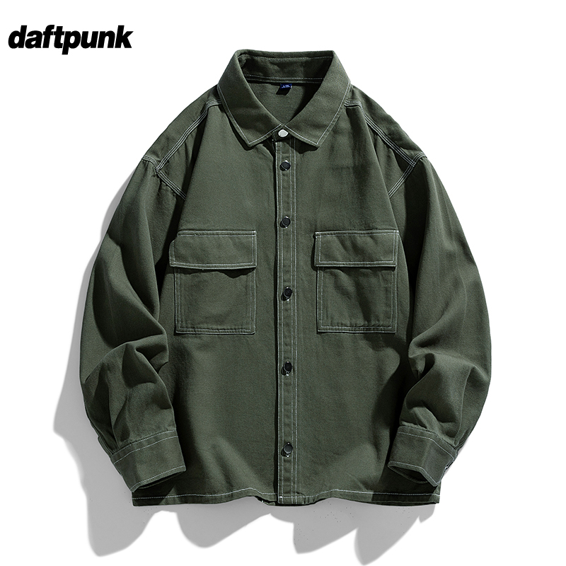 日系复古纯棉工装衬衫男秋冬潮牌