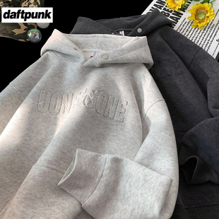 重磅钢印字母连帽卫衣男女款砂洗潮牌痞帅宽松休闲硬挺带帽衫外套