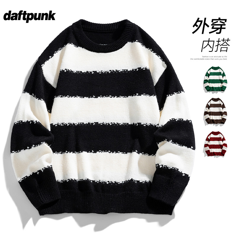 撞色条纹圆领毛衣男款