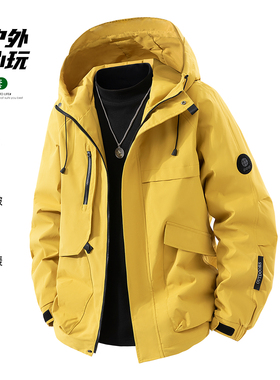 疯庞克黄色冲锋衣男女户外机能口袋夹克旅行露营宽松休闲连帽外套