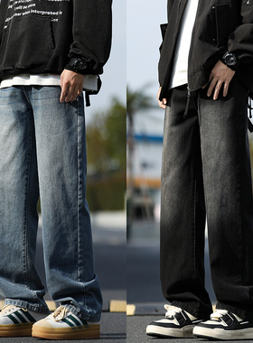 daft Punk牛仔裤男女款春秋直筒宽松美式高街水洗复古蓝休闲裤子