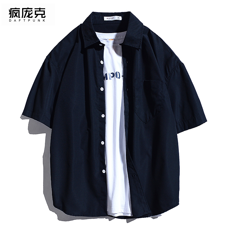 嘻哈ins日系潮牌宽松基础款纯色工装短袖衬衫男女装黑色半袖衬衣