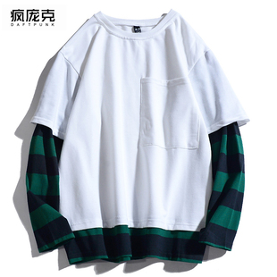 宽松情侣款 T恤男女春秋款 假两件拼接潮牌上衣 复古条纹长袖 美式