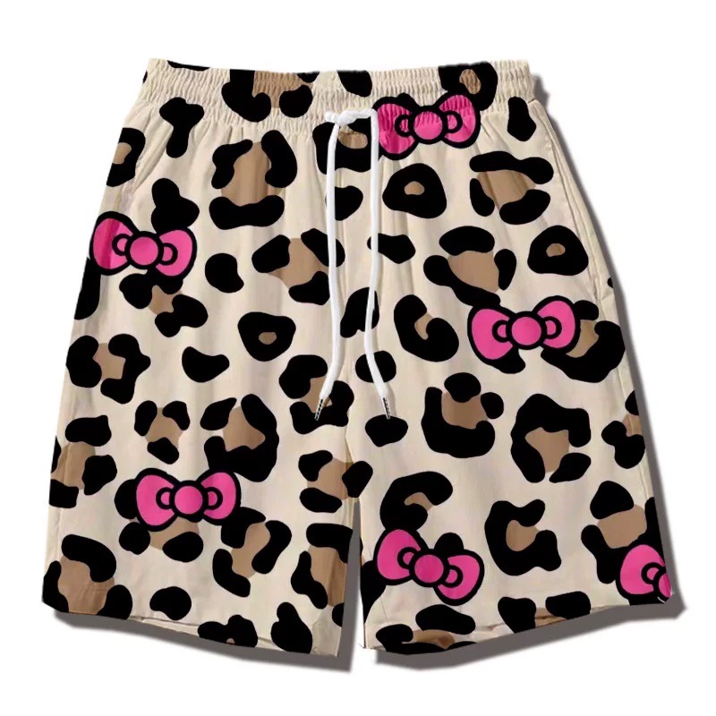 夏季hellokitty豹纹沙滩裤男女五分裤情侣装休闲短裤港风篮球裤子