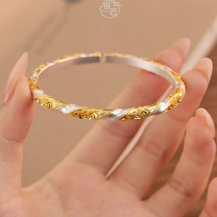 银匠 [玫花香] 新中式国风足银999.9手镯宫廷描金轻奢玫瑰花手环