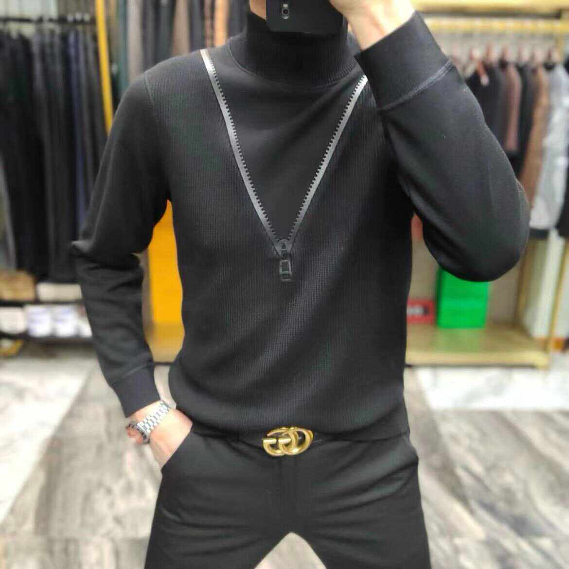 23226高领男士春季韩版修身新款针织打底衫纯色休闲潮流T恤