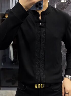 【现货】23288男士春季新品盘扣唐装小衫修身弹力欧货中国风T恤衫